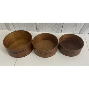 3 Pc Nesting Snack Bowl Set Pretzels Peanuts Chips Mid Century Teak Wood Crest
